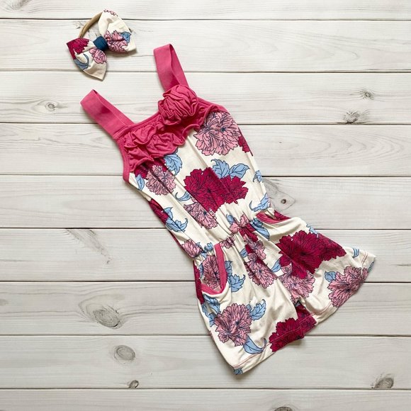 Kickee Pants Peony Romper with M2M Boutique headband 2T EUC
